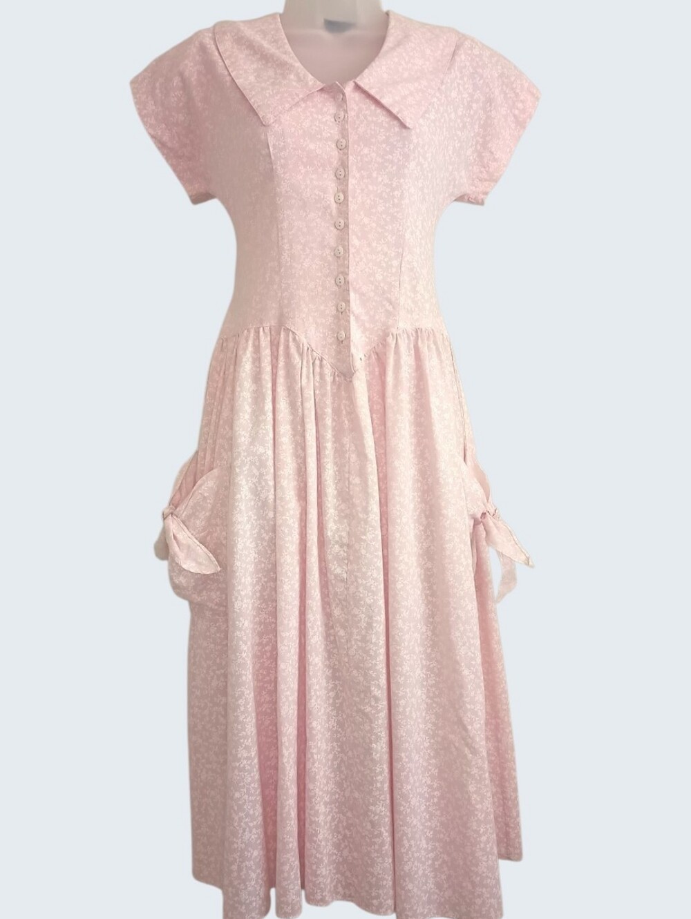 Vintage Pink Floral Basque Waist Prairie Midi Dress With Tie Pockets